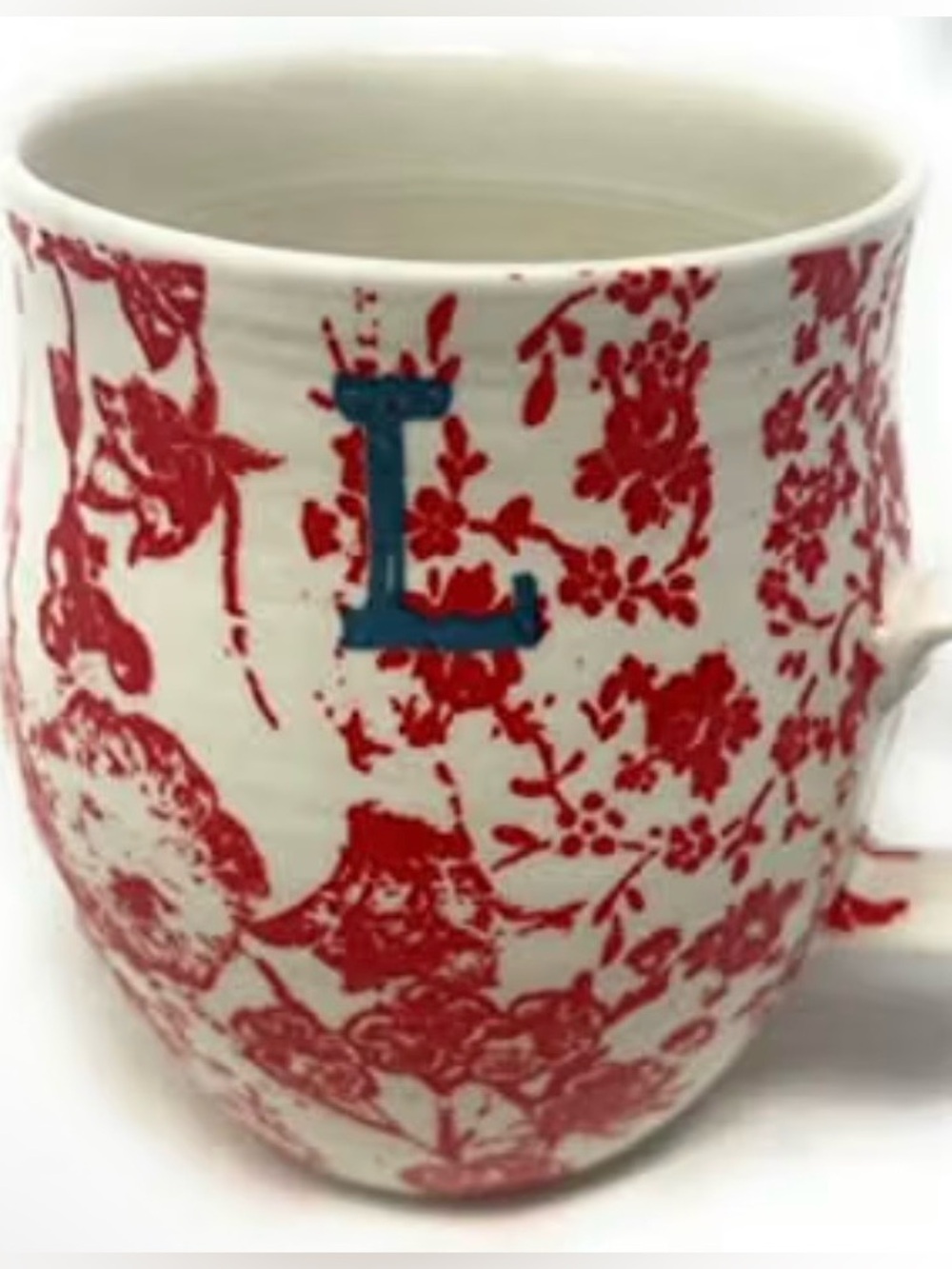 Anthropologie Ceramic Mug - White & Red Pattern & monogrammed w a blue ‘L’